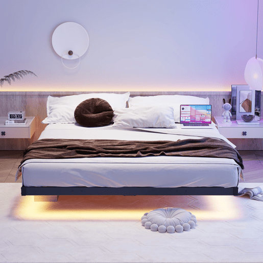 Cama plataforma 140x190 - LED, estação de carregamento, metal robusto, fácil montagem - Preto Cama plataforma 140x190 - LED, estação de carregamento, metal robusto, fácil montagem - Preto