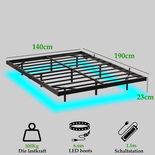 Cama plataforma 140x190 - LED, estação de carregamento, metal robusto, fácil montagem - Preto Cama plataforma 140x190 - LED, estação de carregamento, metal robusto, fácil montagem - Preto
