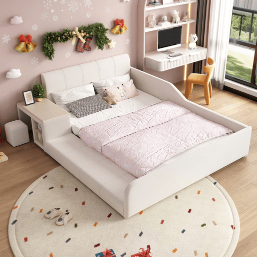 Cama individual estofada 140x200 - Com secretária, banco e cabeceira macia - Branco