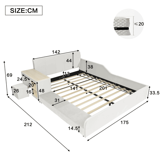Cama individual estofada 140x200 - Com secretária, banco e cabeceira macia - Branco
