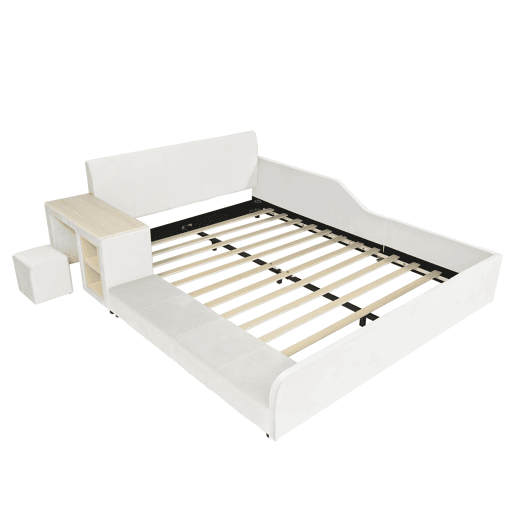 Cama individual estofada 140x200 - Com secretária, banco e cabeceira macia - Branco