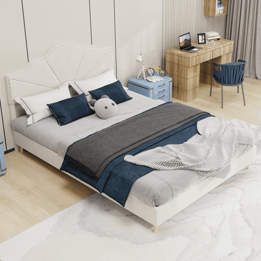 Cama estofada 140x200 - Moderna, cabeceira suave e confortável, funcional - Bege
