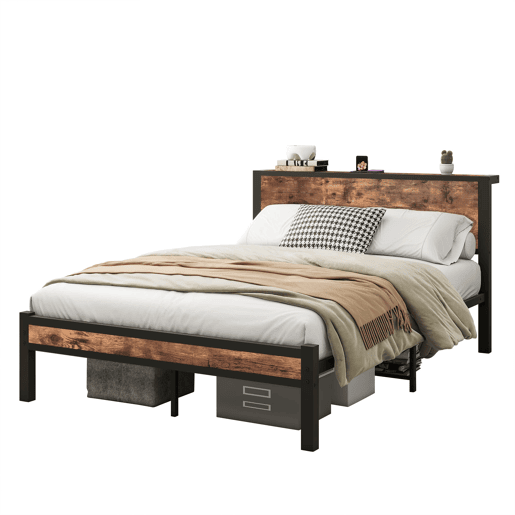 Cama individual 140x200 cm - Estrutura metálica com arrumação, silenciosa - Castanho vintage