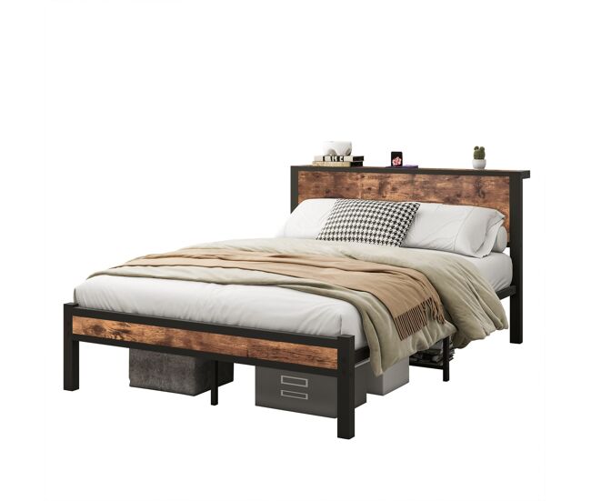 Cama individual 140x200 cm - plataforma metálica con almacenamiento, silenciosa - marrón vintage