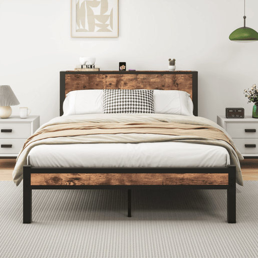 Cama individual 140x200 cm - Estrutura metálica com arrumação, silenciosa - Castanho vintage