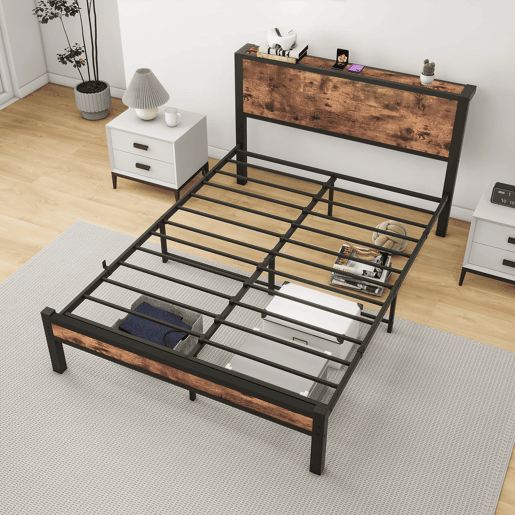 Cama individual 140x200 cm - Estrutura metálica com arrumação, silenciosa - Castanho vintage