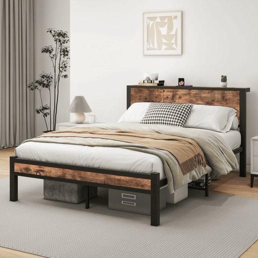 Cama individual 140x200 cm - Estrutura metálica com arrumação, silenciosa - Castanho vintage