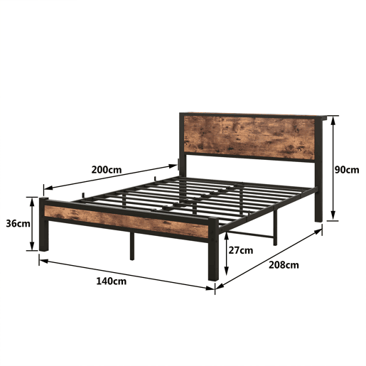 Cama individual 140x200 cm - Estrutura metálica com arrumação, silenciosa - Castanho vintage