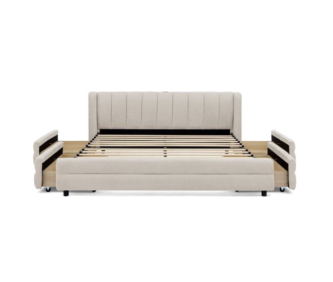 Cama doble 140x200 cm - almacenamiento lateral, puerto usb, chenilla ergonómica - beige