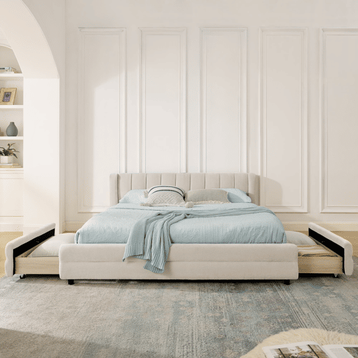 Cama de casal 140x200 cm - arrumação lateral, porta USB, chenille ergonómica - Bege