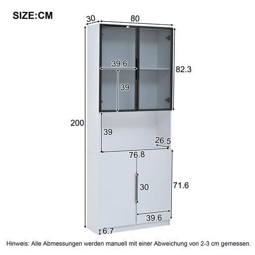 Vitrine 80x30x200 cm - Moderna minimalista com LED, prateleiras ajustáveis - Branco