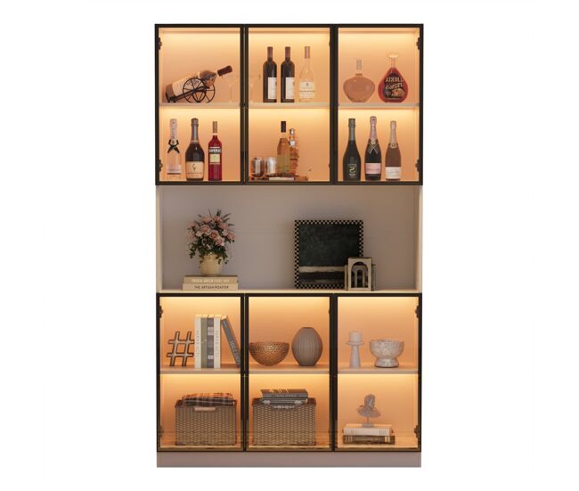 Vitrina 120x34x200 cm - 6 puertas, led, área abierta, multifuncional - blanco