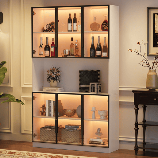 Vitrine 120x34x200 cm - 6 portas, LED, área aberta, multifuncional - Branco