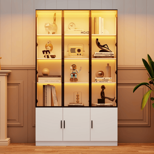 Vitrine 120x32x200 cm - 6 portas, vidro com LED, móvel multifuncional - Branco