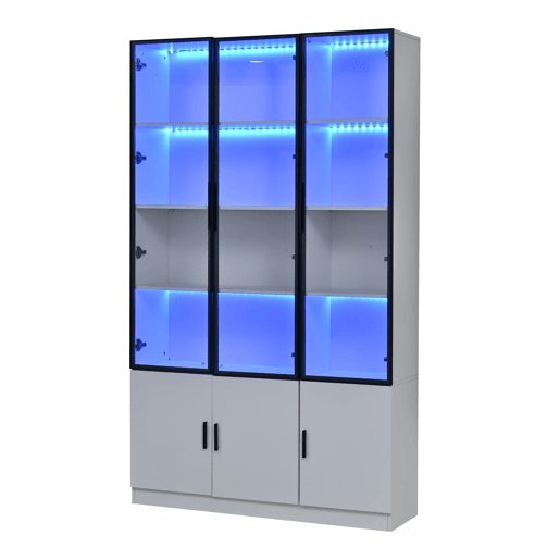 Vitrine 120x32x200 cm - 6 portas, vidro com LED, móvel multifuncional - Branco