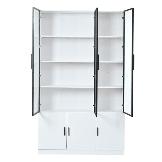 Vitrine 120x32x200 cm - 6 portas, vidro com LED, móvel multifuncional - Branco