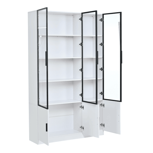Vitrine 120x32x200 cm - 6 portas, vidro com LED, móvel multifuncional - Branco