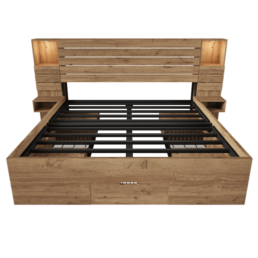 Cama de casal 160x200 cm - LED, USB Type-C, mesas de cabeceira suspensas, arrumação - Carvalho