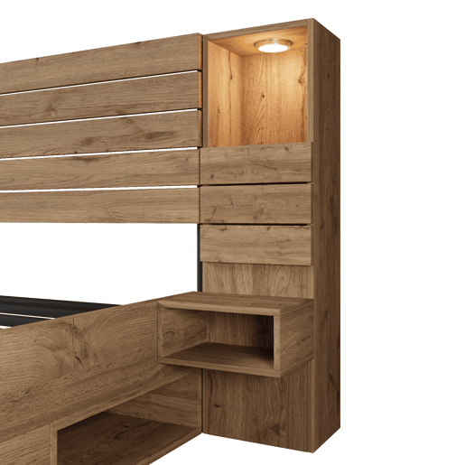 Cama de casal 160x200 cm - LED, USB Type-C, mesas de cabeceira suspensas, arrumação - Carvalho