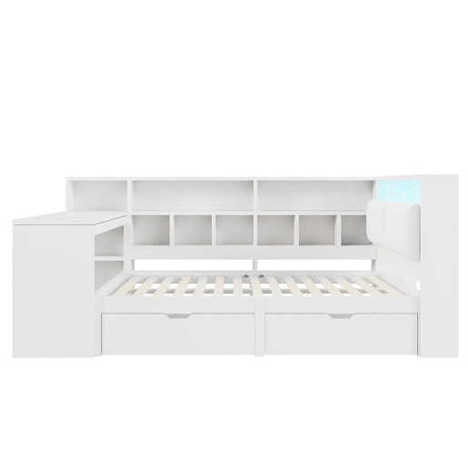 Cama plataforma em L 140x200 - Secretária, estante, cabeceira estofada, LED e gavetas - Branco