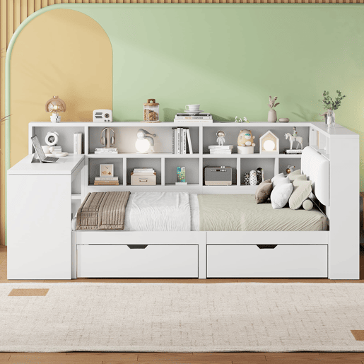 Cama plataforma em L 140x200 - Secretária, estante, cabeceira estofada, LED e gavetas - Branco