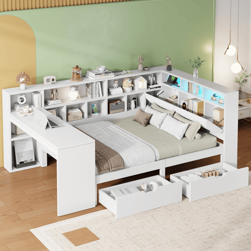 Cama plataforma em L 140x200 - Secretária, estante, cabeceira estofada, LED e gavetas - Branco
