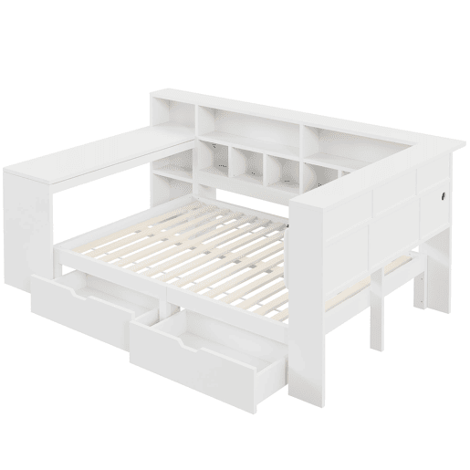 Cama plataforma em L 140x200 - Secretária, estante, cabeceira estofada, LED e gavetas - Branco