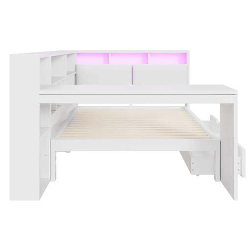 Cama plataforma em L 140x200 - Secretária, estante, cabeceira estofada, LED e gavetas - Branco