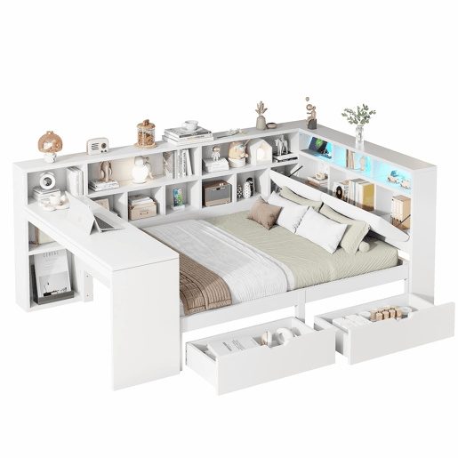 Cama plataforma em L 140x200 - Secretária, estante, cabeceira estofada, LED e gavetas - Branco