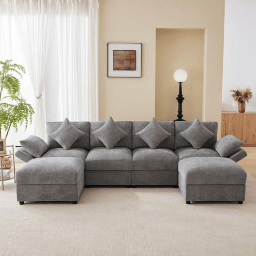 Sofá modular em UL com 6 lugares - chaise longue convertível com braços ajustáveis, 2 pufes, 4 almofadas decorativas e 2 apoios de cabeça - Cinza