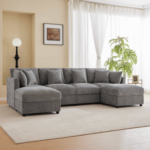 Sofá modular em UL com 6 lugares - chaise longue convertível com braços ajustáveis, 2 pufes, 4 almofadas decorativas e 2 apoios de cabeça - Cinza