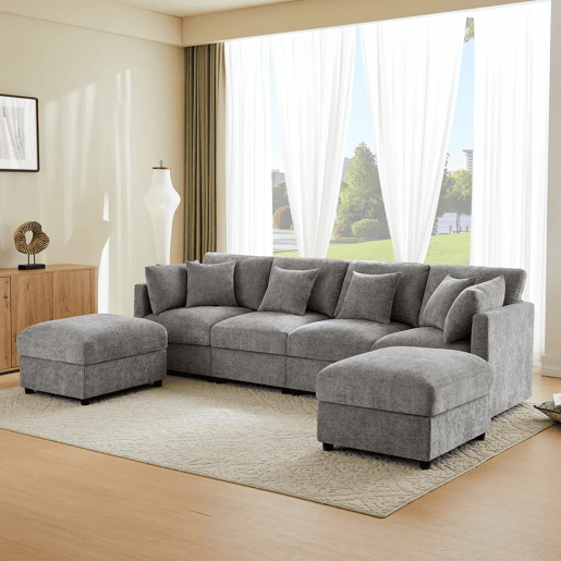 Sofá modular em UL com 6 lugares - chaise longue convertível com braços ajustáveis, 2 pufes, 4 almofadas decorativas e 2 apoios de cabeça - Cinza