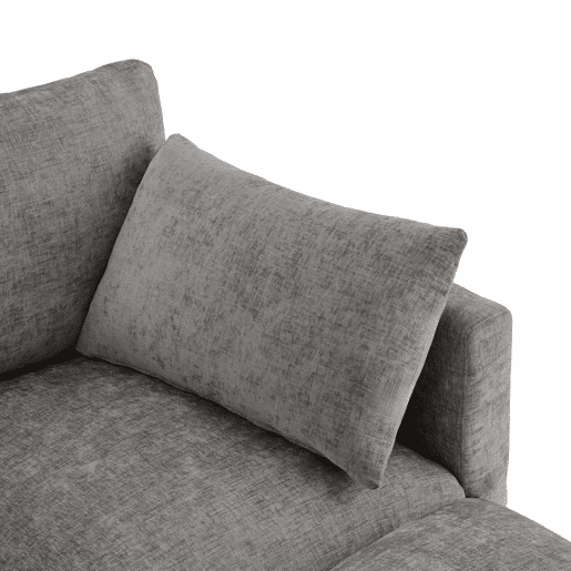 Sofá modular em UL com 6 lugares - chaise longue convertível com braços ajustáveis, 2 pufes, 4 almofadas decorativas e 2 apoios de cabeça - Cinza