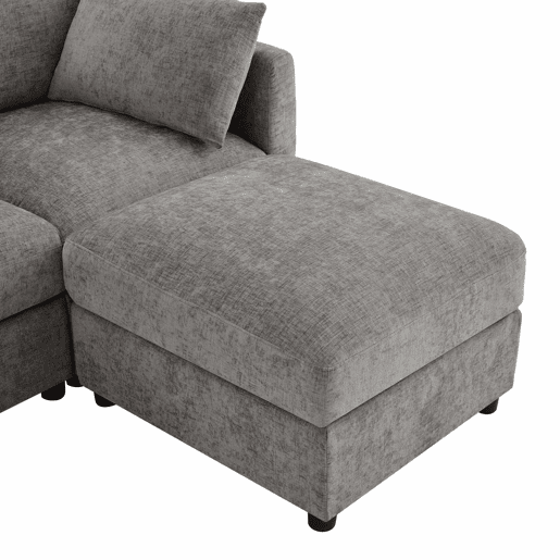 Sofá modular em UL com 6 lugares - chaise longue convertível com braços ajustáveis, 2 pufes, 4 almofadas decorativas e 2 apoios de cabeça - Cinza