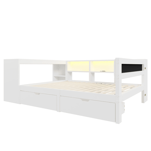 Cama plataforma 140x200 - com arrumação, gavetas, estação de carregamento e LED - Branco