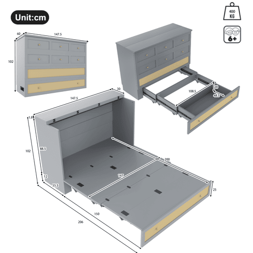 Cama rebatível 140x200 cm - móvel, gavetas na base, prateleira na cabeceira, USB e tomada, cama plataforma convertível, sem colchão - cinza