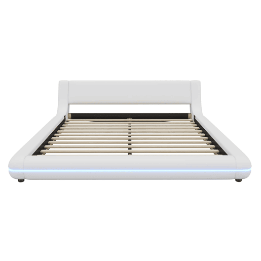 Cama baixa 160x200 cm - PU, LED ambiente, design moderno - Branco