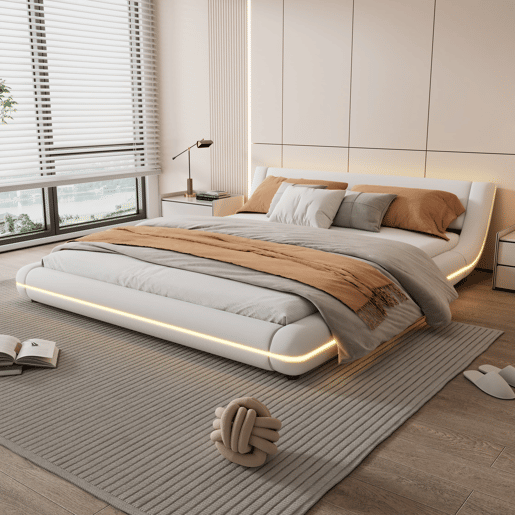 Cama baixa 160x200 cm - PU, LED ambiente, design moderno - Branco