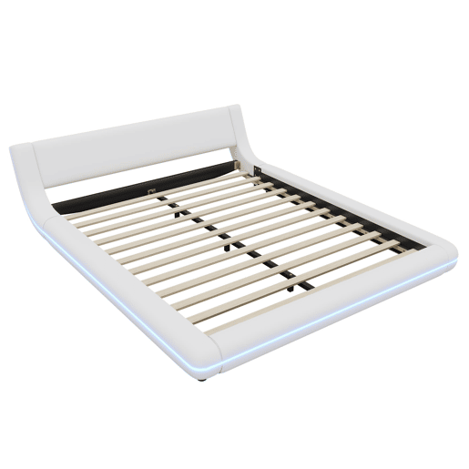 Cama baixa 160x200 cm - PU, LED ambiente, design moderno - Branco