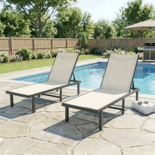 Outsunny Conjunto de 2 Espreguiçadeiras de Jardim, Espreguiçadeiras Reclináveis com Rodas, Encosto Ajustável com 4 Níveis, Estrutura de Alumínio e Tecido Textilene, Resistentes, para Praia e Piscina, Bege