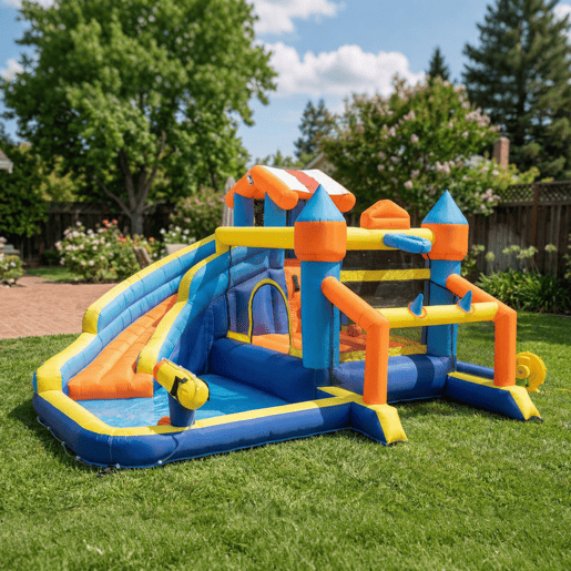 AIYAPLAY Castelo Insuflável Aquático 8 em 1 com Soprador 550W para Crianças u2013 Tobogã Extra Longo SecoMolhado, Zona de Saltos, Escalada, Piscina, Baliza, Cesto u2013 Para Exterior e Interior 350x325x210 cm