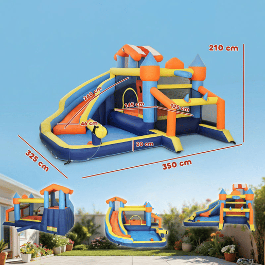 AIYAPLAY Castelo Insuflável Aquático 8 em 1 com Soprador 550W para Crianças u2013 Tobogã Extra Longo SecoMolhado, Zona de Saltos, Escalada, Piscina, Baliza, Cesto u2013 Para Exterior e Interior 350x325x210 cm
