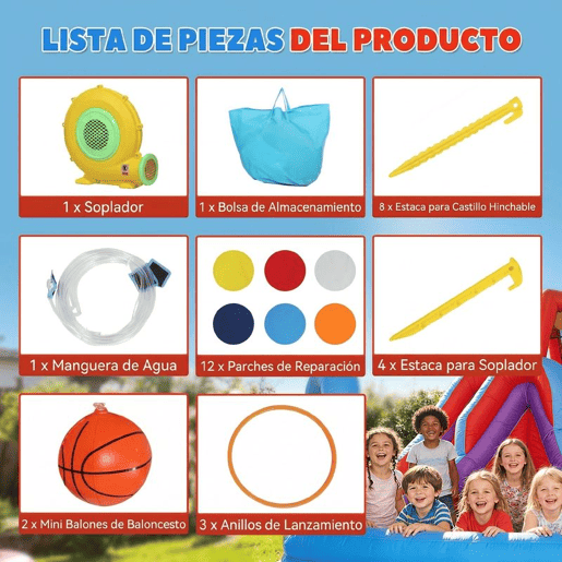 AIYAPLAY Castelo Insuflável Aquático 8 em 1 com Soprador 550W para Crianças u2013 Tobogã Extra Longo SecoMolhado, Zona de Saltos, Escalada, Piscina, Baliza, Cesto u2013 Para Exterior e Interior 350x325x210 cm