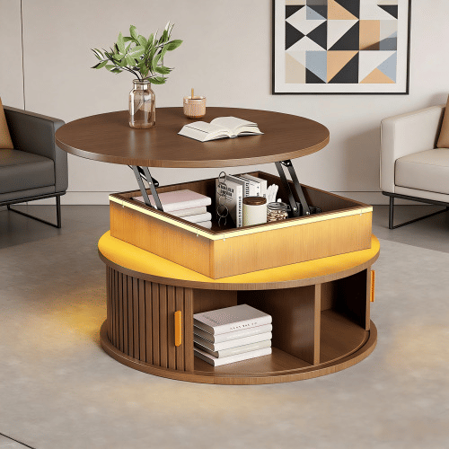 Mesa de centro elevável 75x75x52 cm - LED redonda com arrumação oculta - nogueira Mesa de centro elevável 75x75x52 cm - LED redonda com arrumação oculta - nogueira