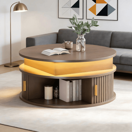 Mesa de centro elevável 75x75x52 cm - LED redonda com arrumação oculta - nogueira Mesa de centro elevável 75x75x52 cm - LED redonda com arrumação oculta - nogueira