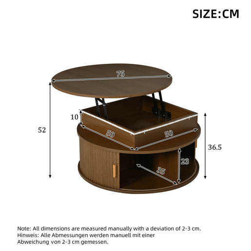 Mesa de centro elevável 75x75x52 cm - LED redonda com arrumação oculta - nogueira Mesa de centro elevável 75x75x52 cm - LED redonda com arrumação oculta - nogueira