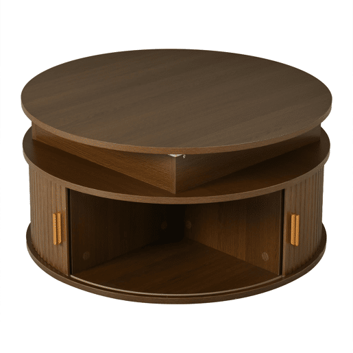 Mesa de centro elevável 75x75x52 cm - LED redonda com arrumação oculta - nogueira Mesa de centro elevável 75x75x52 cm - LED redonda com arrumação oculta - nogueira