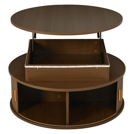 Mesa de centro elevável 75x75x52 cm - LED redonda com arrumação oculta - nogueira Mesa de centro elevável 75x75x52 cm - LED redonda com arrumação oculta - nogueira