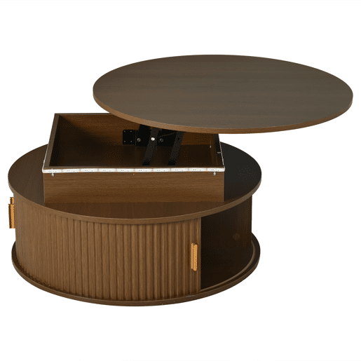 Mesa de centro elevável 75x75x52 cm - LED redonda com arrumação oculta - nogueira Mesa de centro elevável 75x75x52 cm - LED redonda com arrumação oculta - nogueira