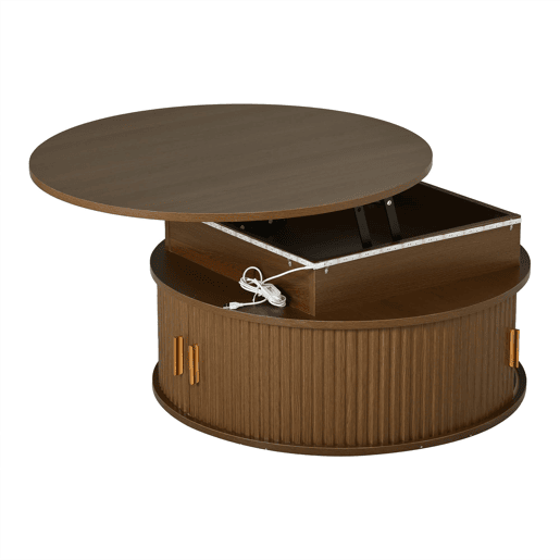 Mesa de centro elevável 75x75x52 cm - LED redonda com arrumação oculta - nogueira Mesa de centro elevável 75x75x52 cm - LED redonda com arrumação oculta - nogueira
